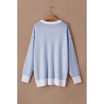 Blue Stripe Plus Size Contrast Trim Crew Neck Rib Knit Drop Shoulder Sweater
