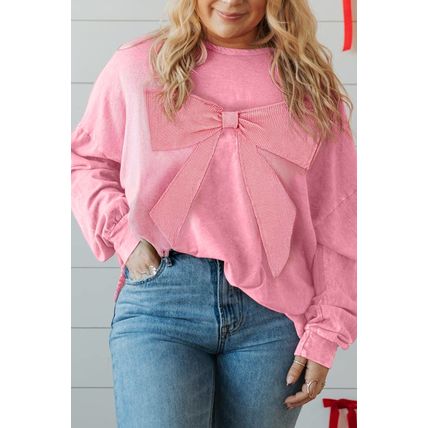 Bonbon Waffle Bowknot Patchwork Graphic Mineral Wash Plus Size Sweatshirt