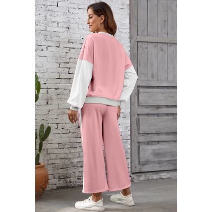 Light Pink 2pcs Color Block Pullover Loose Pant Set