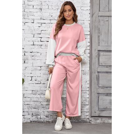 Light Pink 2pcs Color Block Pullover Loose Pant Set