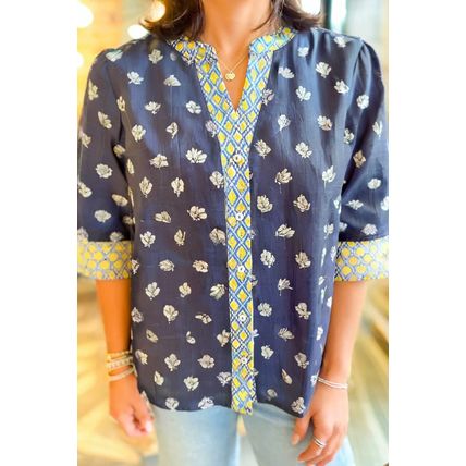 Blue Floral Print Half Sleeve Contrast Trim V Neck Blouse