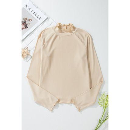 Parchment Ribbed Knit Lettuce Trim High Neck Long Sleeve Top