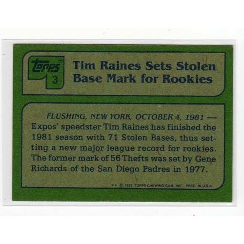 1982 Topps Tim Rock Raines baseball card #3 – Expos