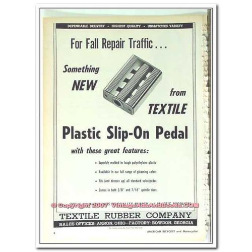 TEXTILE RUBBER COMPANY 1963 Plastic Slip-On Bicycle Pedal vintage ad
