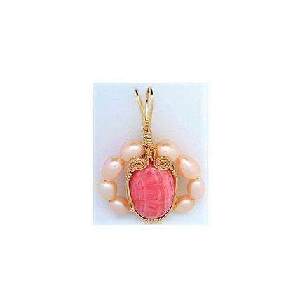 Rhodochrosite Pearl Gold Wire Wrap Gemstone Pendant 9
