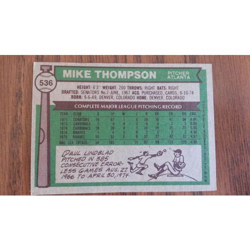 1976 Topps Card # 536 Mike Thompson Very Good-Excellent (4) Atlanta Braves