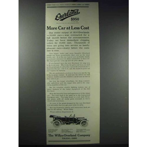 1914 Willys-Overland Cars Ad - More Car at Less Cost