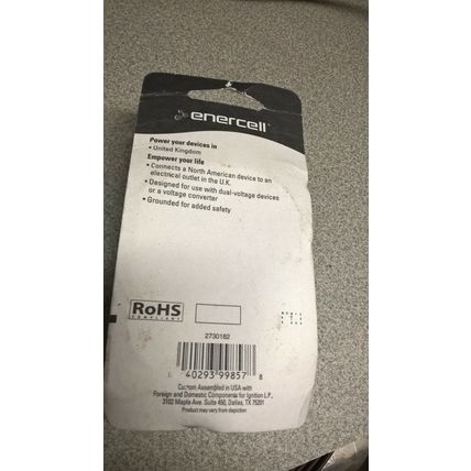 BRAND NEW* ENERCELL US TO UK PLUG ADAPTER GROUNDED- 2730182