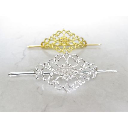 Small gold or silver filigree metal hair slide stick clip barrette