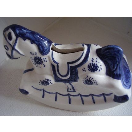Vintage Rocking Horse Money Box Blue David Sharp style Signed S or G Piggy Bank