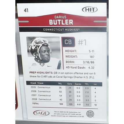 2009 Sage Hit DARIUS BUTLER (Connecticut/Patriots) Rookie Card #41