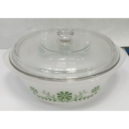 Vintage Glasbake Green Daisy Casserole Dish J514 With Lid - 10" MADE IN USA