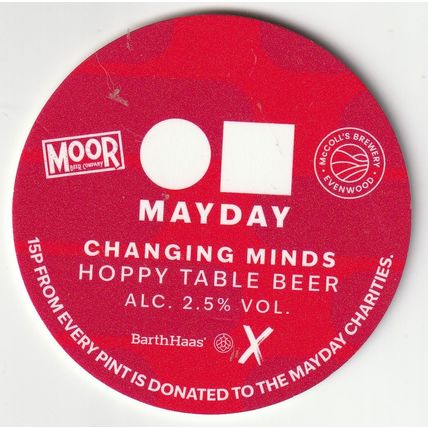 USED KEG CLIP FRONT - MOOR BEER COMPANY & McCOLLS - MAYDAY CHANGING MINDS
