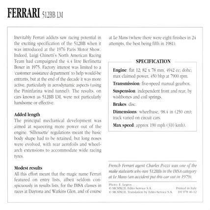 Collectors Club card. Classic Cars. Ferrari 512BB LM