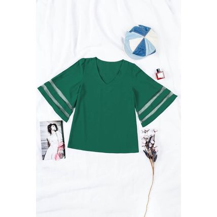 Green Flare Sleeve V Neck Loose Blouse