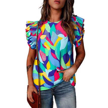 Multicolor Abstract Print Stitching Ruffle Sleeve Blouse