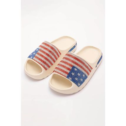 White Rhinestone American Flag Thick Sole Slippers