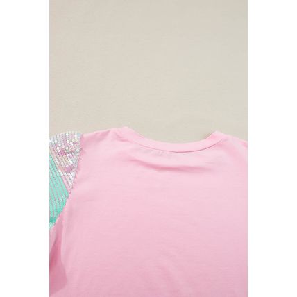 Pink Sequin Colorblock Striped Puff Sleeve Top