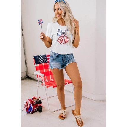 White Stripes and Stars Bowknot Print T Shirt