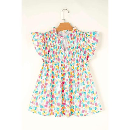 Green Shirred Yoke Ruffled Abstract Printed Blouse