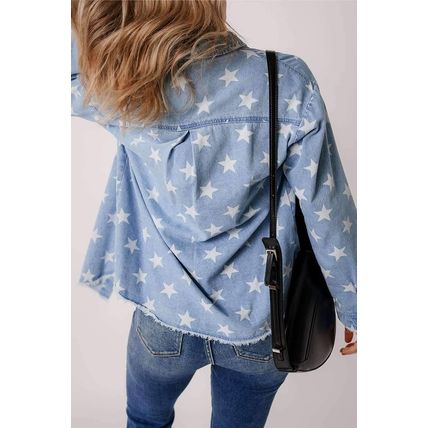 Sky Blue Star Print Light Wash Raw Hem Denim Jacket