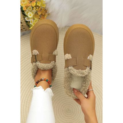 Brown Plush Patched Buckle Decor Thick Sole Thermal Slippers