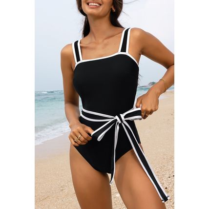 Black Colorblock Edge Belted One Piece Swimsuit