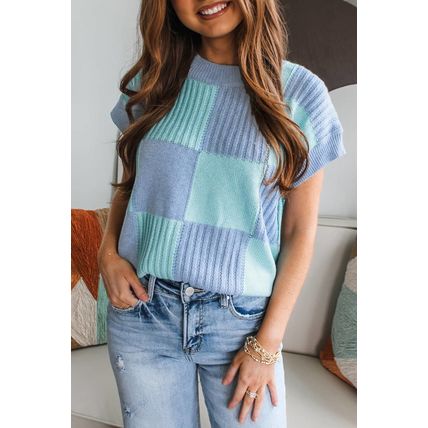 Light Blue Checkered Color Block Crew Neck Short Sleeve Sweater