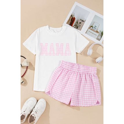 White MAMA Printed Tee and Plaid Shorts Lounge Set