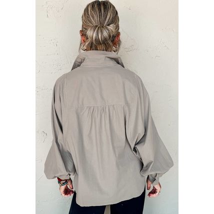 High Solid Color Balloon Sleeve Side Slits Loose Fit Shirt