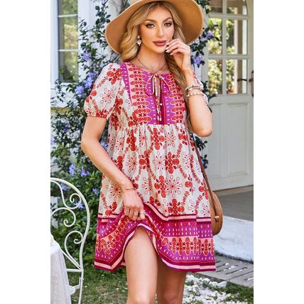Rose Boho Floral Short Sleeve Lace-up V Neck Mini Dress