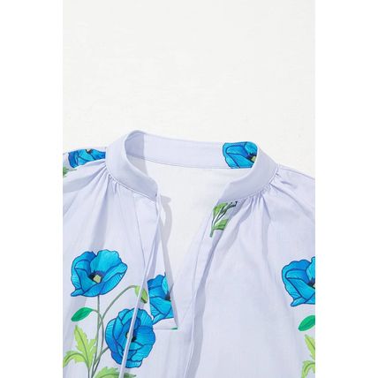 Sky Blue Floral Print Tie Split Neck Short Puff Sleeve Blouse