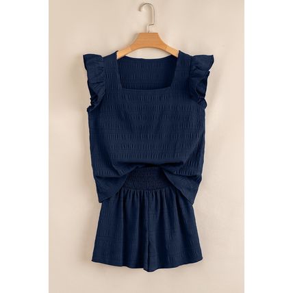 Dirty blue Textured Square Neck Top and Shirred High Waist Shorts Set