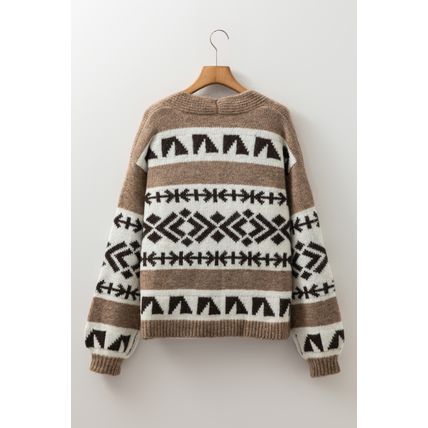 Dark Khaki Ethnic Geometric Pattern Button Front V Neck Sweater Cardigan