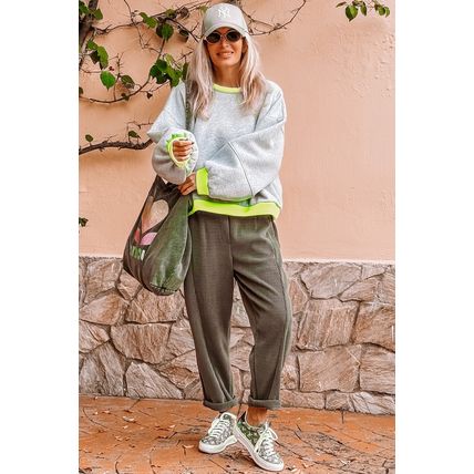 Light Grey Contrast Color Banding Patchwork Puff Sleeve Loose Sweatshirt