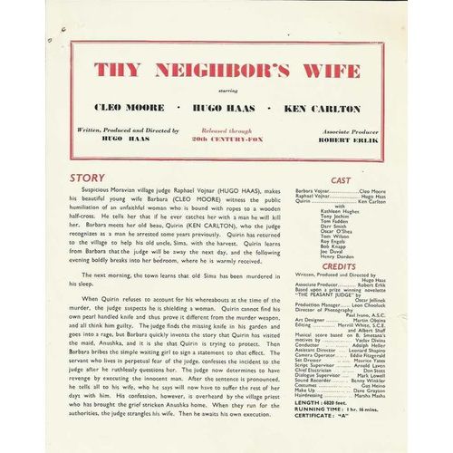 THY NEIGHBOR'S WIFE Cleo Moore, Hugo Haas Synopsis