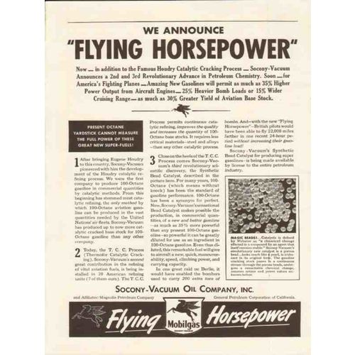 SOCONY VACUUM OIL COMPANY 1943 announce Flying Horsepower vintage ad