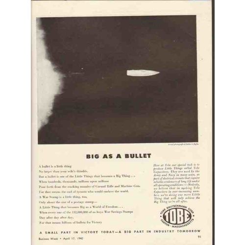 TOBE DEUTSCHMANN CORP 1943 Big bullet electronic capacitor vintage ad