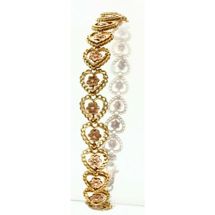 Solid 14K Gold Multi Tone Tri Color Flower in Heart Bracelet 9.9 Gr 8 Inch Long