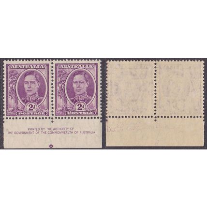 Australia 1944 KGVI 2d Bright Purple SG205 P14¾x14 IMPRINT PAIR - VFMNH 'DOT'
