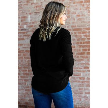 Black Rhinestone Heart Shaped V Neck Long Sleeve Top