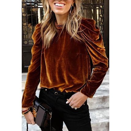 Chestnut Frilled Collar Puff Sleeve Velvet Top
