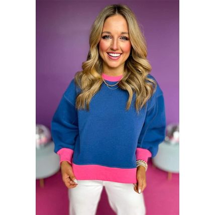 Blue Colorblock Bubble Sleeve Sweatshirt