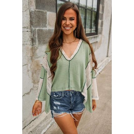 Grass Green Crochet Detail Exposed Seam High Low Loose Top