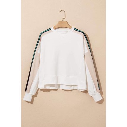White Striped Color Block Exposed Seam Loose Active Sweatshirt