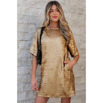 Gold Metallic Luster Crewneck Mini T-Shirt Dress