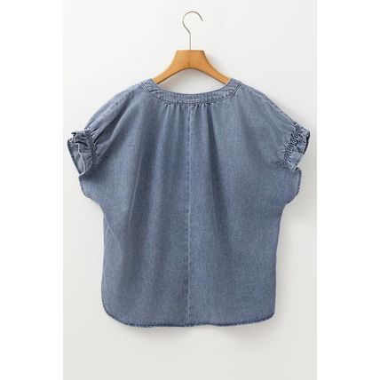 Dusk Blue V Neck Ruffled Short Puff Sleeve Denim Top