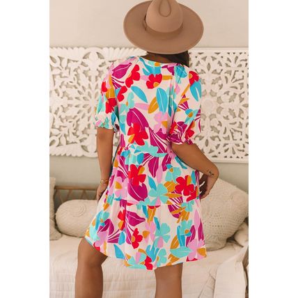 Rose Red Floral Bubble Sleeve V Neck Tiered Ruffle Babydoll Dress