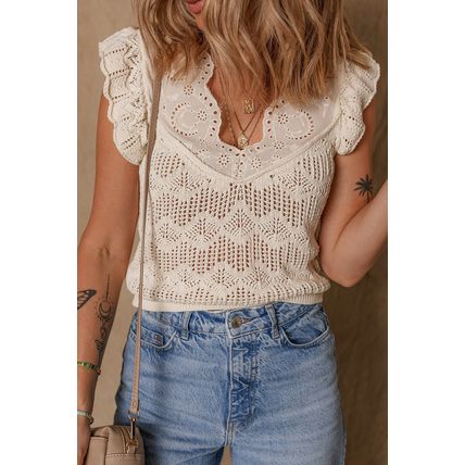 Beige Embroidered Patchwork Hollow Out Knitted Ruffle Sweater Vest