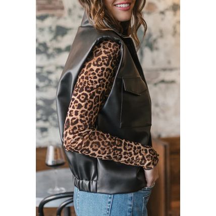 Black Double Flap Pocket Faux Leather Zip Up Stand Neck Vest